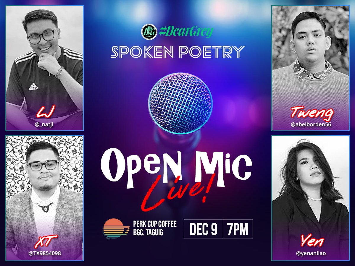 deargreyph's tweet photo. Happening TONIGHT at 𝗣𝗲𝗿𝗸 𝗖𝘂𝗽 𝗖𝗼𝗳𝗳𝗲𝗲 in BGC: #𝑫𝒆𝒂𝒓𝑮𝒓𝒆𝒚 #SpokenPoetry OPEN MIC 𝐋𝐈𝐕𝐄!

Catch the amazing live performances from LJ, Tweng, XT &amp; Yen.

 See you at 7PM! 💚 https://t.co/wY8rUBVnXS
