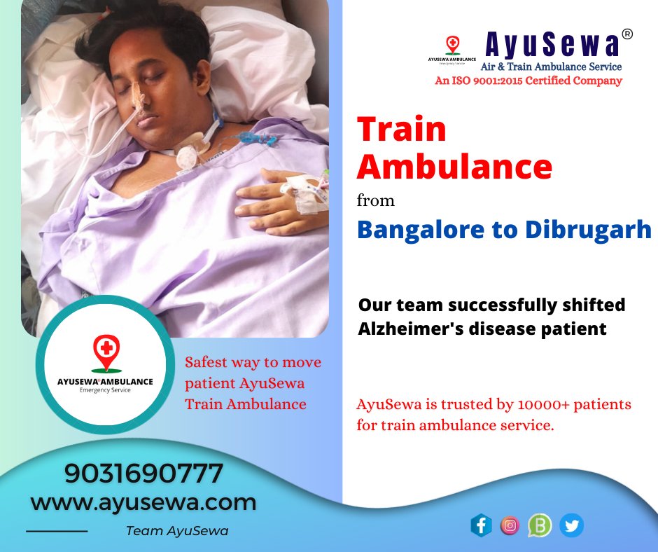 ServiceSanmat's tweet photo. Train Ambulance by #AyuSewa from #Bangalore to #Dibrugarh. We have successfully shifted Alzheimer's disease patient.
9031690777
https://t.co/mBfRb5jExy
#BangaloreToDibrugarh #BangaloreTrainAmbulance #DibrugarhTrainAmbulance #TrainAmbulance #AyuSewaTrainAmbulance #AmbulanceService https://t.co/M6UBdSa9Ot