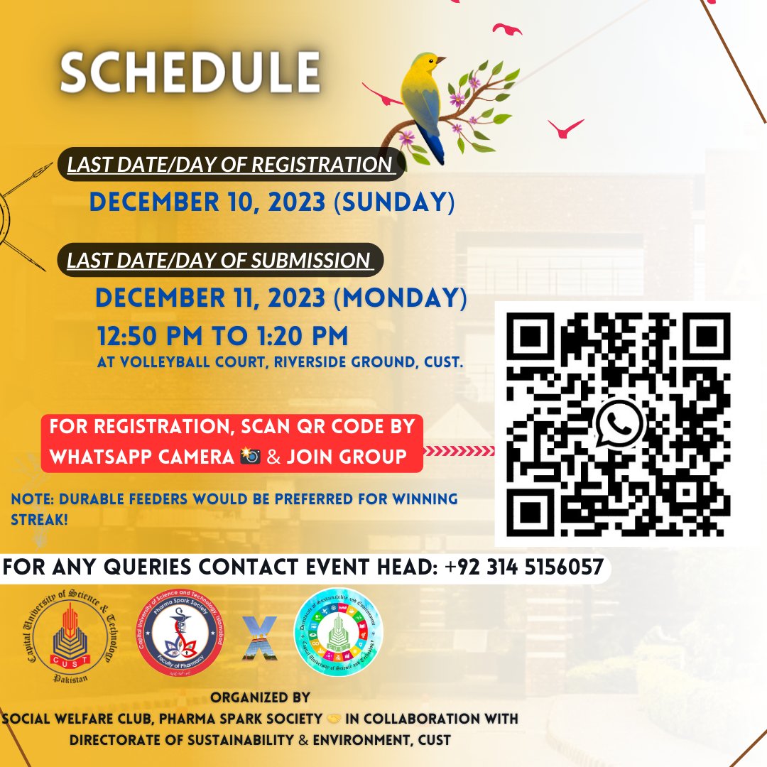 Cat 🐈 &amp; Bird 🕊️ Art Feeders Competition 2.0 is Live now!
Do join us to win for nature 🌵

Link: chat.whatsapp.com/CSPzZBMil3t88W…

For any queries, contact Yasir Ali Durrani (Event Head)  +92 314 5156057

Muhammad Husnain (President) +92 306 0271847

#pharmasparksociety