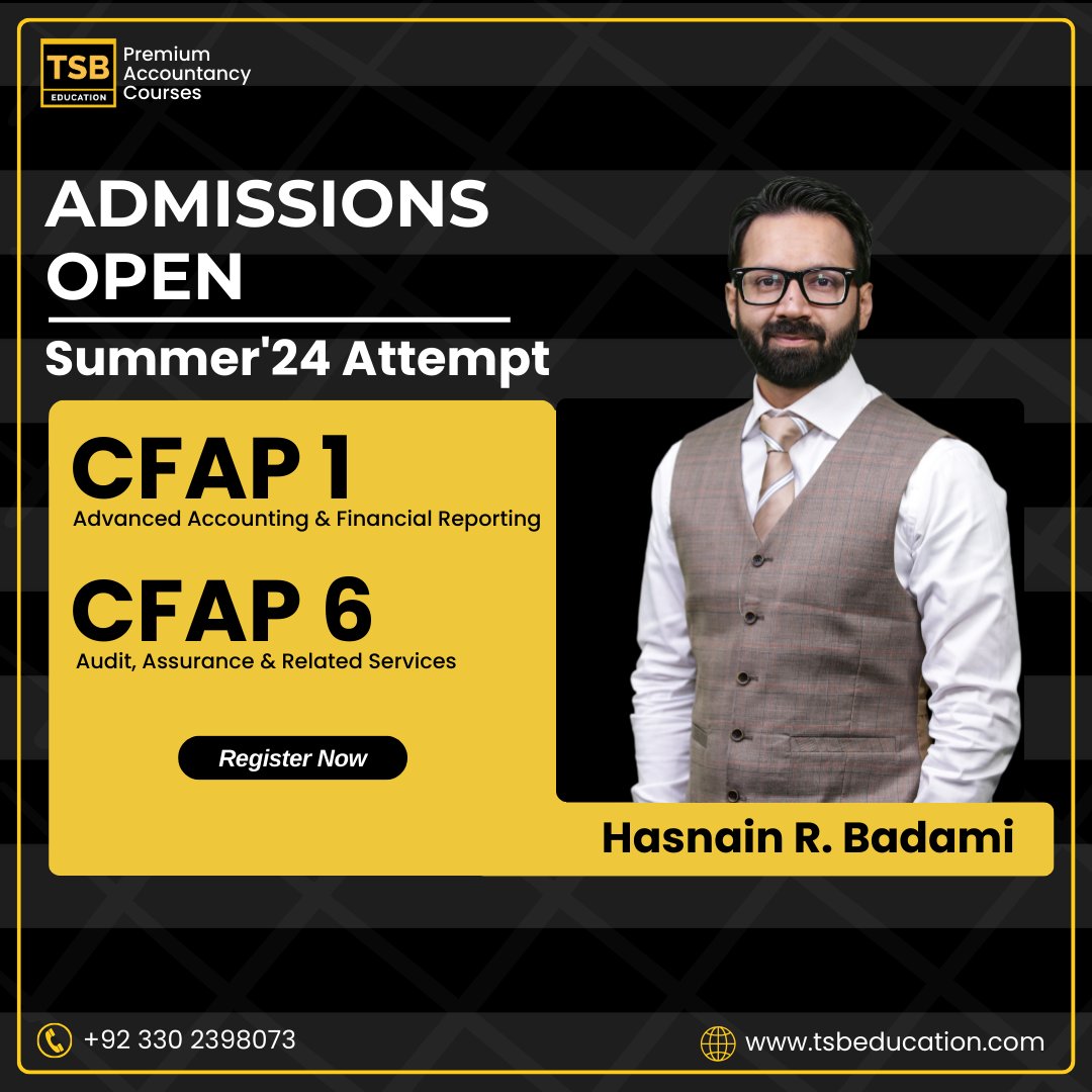 TsbEducation's tweet photo. TSB Education brings you an opportunity to get CFAP 1 &amp; 6 Regular batch by our renowned faculty Sir Hasnain Badami. Enroll yourself to get 10% Discount now.

Contact us: +92 330 2398073

#TSBEducation #CAPakistan #ICAP  #premiumaccountancycourses #CAGlobal #AdmissionsOpen https://t.co/cMmKb2We37