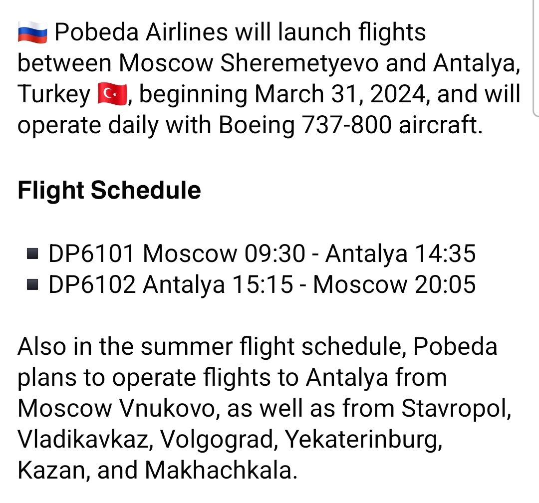 FlightModeblog's tweet image. #Pobeda to offer flights to #Antalya from various Russian cities. 🇷🇺 Pobeda Airlines will launch flights between #Moscow Sheremetyevo and Antalya, #Turkey 🇹🇷, beginning March 31, 2024, and will operate daily with Boeing 737-800 aircraft.

📷 ©Vnukovo Airport

#Russia #Turkiye