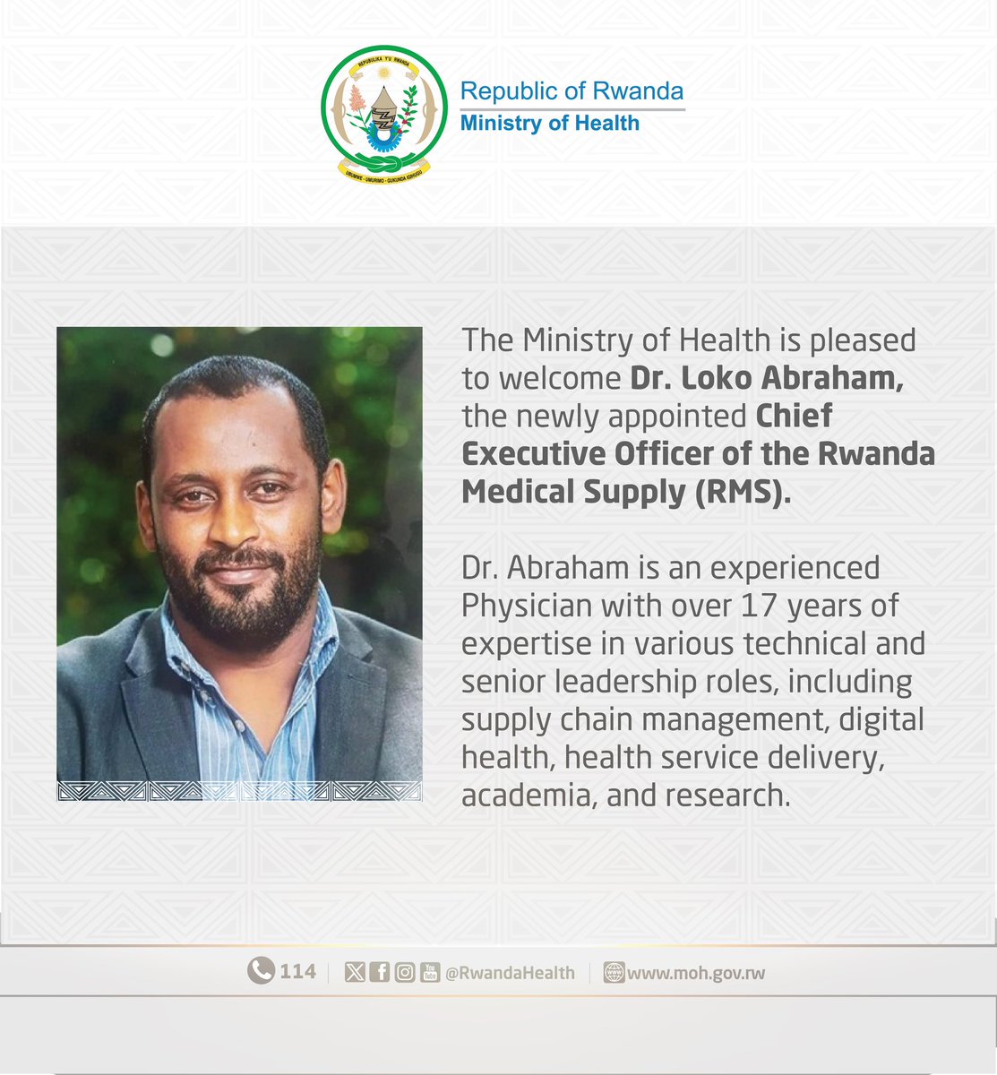 RwandaHealth's tweet photo. We are pleased to welcome Dr Loko Abraham, the new CEO of the Rwanda Medical Supply - RMS. https://t.co/8fRZTn4N65