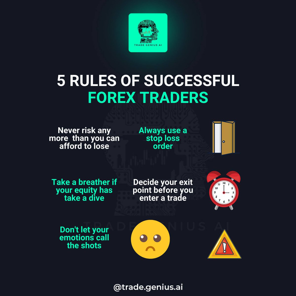tradeaigenius's tweet photo. "Unlocking the secrets to forex success: 5 rules every trader should live by. 📈✨ #ForexMastery #TradingWisdom"#ForexIndia, #ForexTrading, #CurrencyTrading, #ForexMarket, #ForexSignals, #IndianTraders, #ForexAnalysis, #TradingStrategies, #ProfitableForex, #ForexEducation, https://t.co/ZfN6pc9o0q