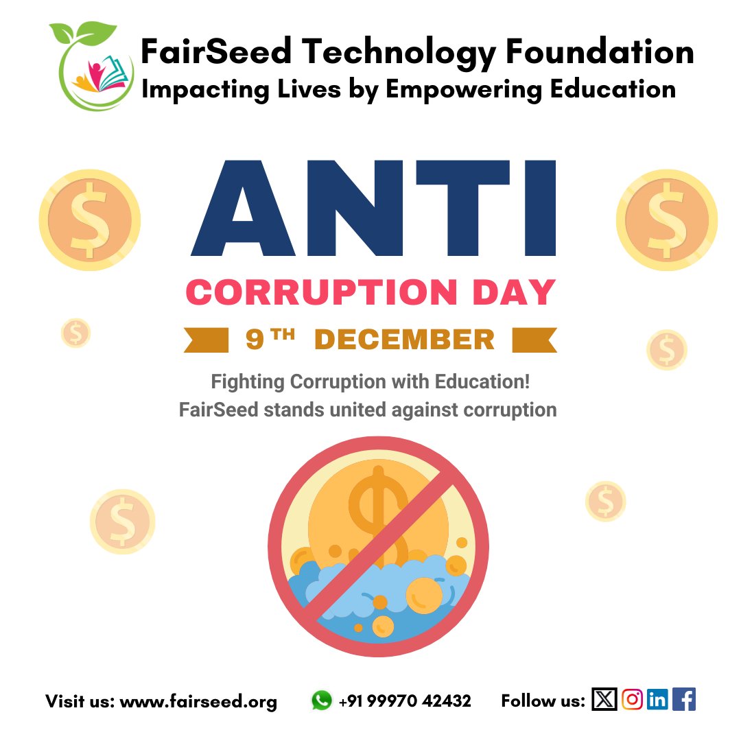 FairSeed stands united against Corruption,  We uphold the cause of education as the beacon of Integrity. Education empowers minds, promoting  a future where transparency prevails. Let the credibility of our commitment speak louder than any doubt. 📚 #AntiCorruptionDay #integrity