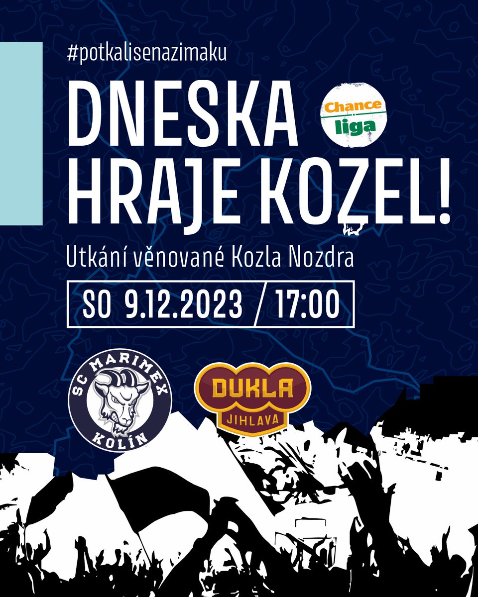 DNESKA HRAJE KOZEL!🐐 Dvacáté osmé kolo @Chanceliga je tady a do Kolína přijede @hc_duklajihlava 💪🏽 Dnešní utkání bude věnované k výročí 10 let fanouškovské skupině Kozla Nozdra Kolín 💙🫶🏽