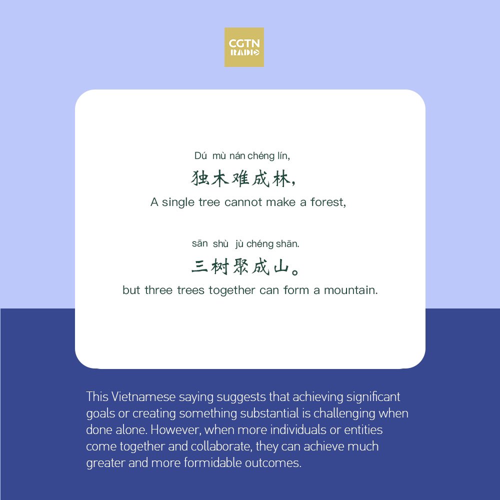 CGTNRadio's tweet photo. Many Chinese sayings can find resonance in Vietnamese expressions, showing the rich cultural tapestry that links the two nations. This linguistic connection not only reflects historical ties but also highlights shared values and experiences. https://t.co/Xa2Ba8IdvY
