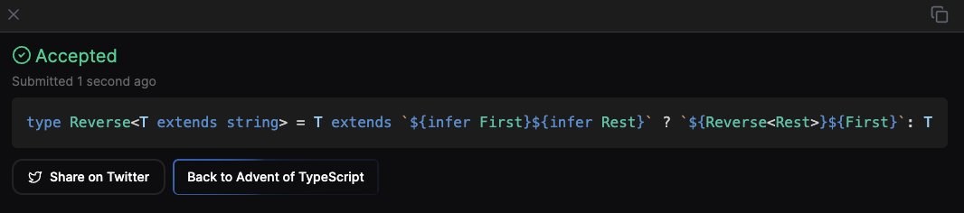 dcodesdev's tweet image. I had to cheat for todays challenge 😐

#AdventOfTypeScript
