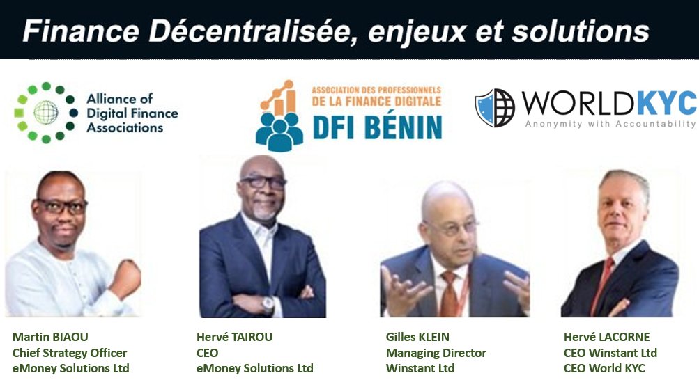 🌍 Opportunité unique pour les pays émergents avec la #FinanceDécentralisée. Importance cruciale de l'#IdentitéNumériqueDécentralisée pour la #conformité. Hâte de débattre avec les experts de la #FinanceNumérique de #DFIBenin aujourd'hui ! 🕘 #9AMGMT #FinTech #WorldKYC"