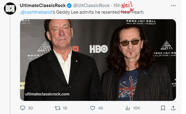 AliceLooknGlass's tweet photo. This entire bs ad is filled with mistakes, misrepresentations. Geddy's words taken so far out of context is it Libelous?
Ultimate Classic Rock's Corey Irwin instigator from 18 hours ago, Far Out Magazine 1 hour later, DRGNews Corey 2 hours after
#RUSHArmy my new hashtag #MemeWars https://t.co/puMQwivxot