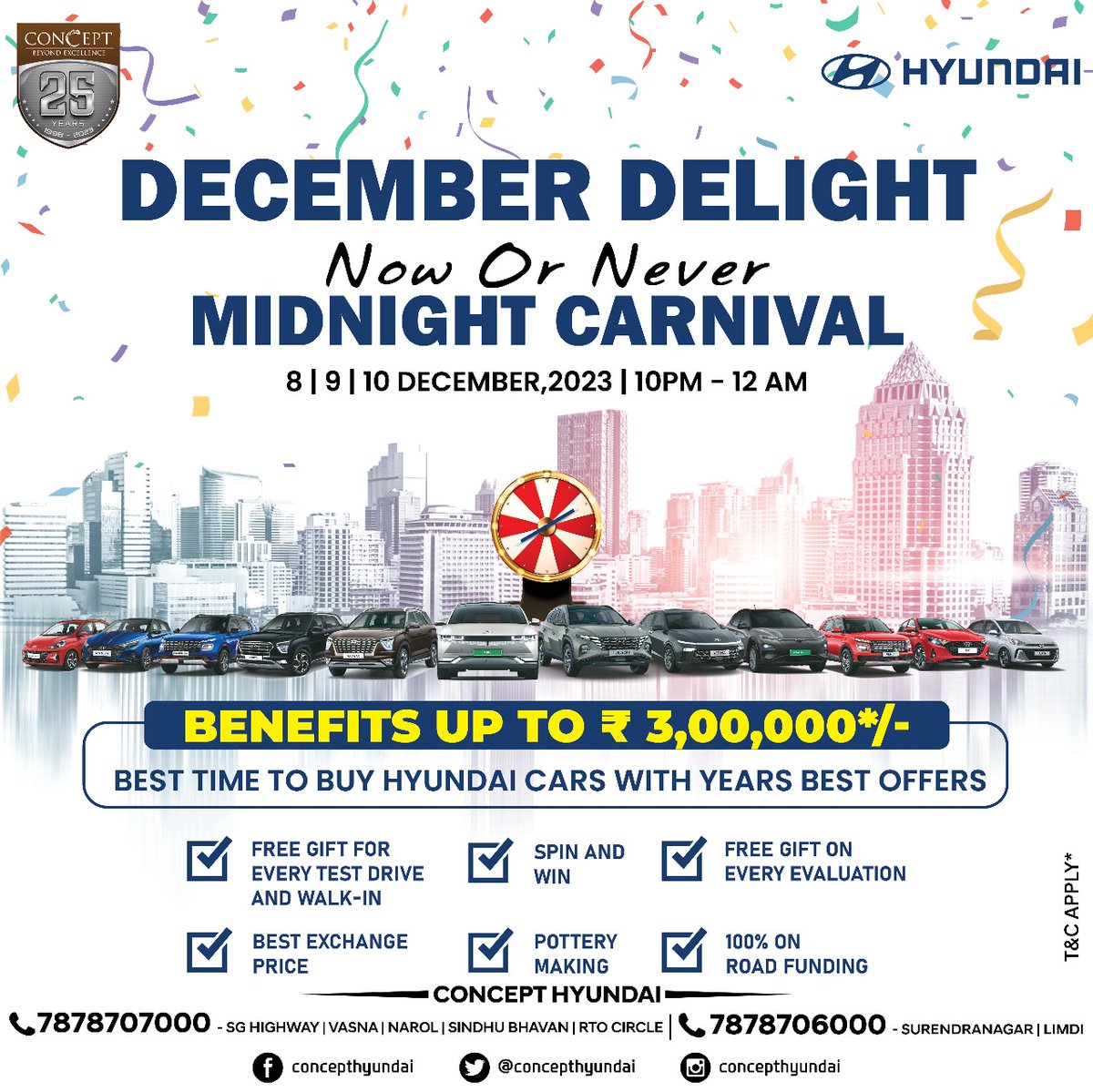 Concept_Hyundai's tweet photo. Concept Hyundai Midnight Carnival!!
Concept Hyundai happily welcomes you to the Midnight Weekend Carnival from December 8th, 9th, and 10th 2023 ,open till 12 AM .
#ConceptHyundai #ConceptGroup #MidNightCarnival #DecemberOffer #Potterymaking #BestExchangePrice #CarnivalOffers https://t.co/tLDQUmfnY9