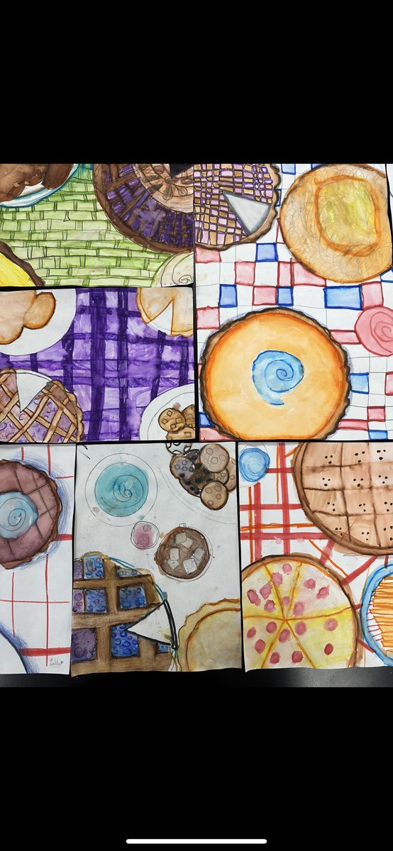 MsCompean's tweet photo. 5th’s Holiday Feast projects! Still need some shadows &amp; details but I was too excited!
Ss were tasked w/ using E&amp;Ps we have covered so far: color,texture,value, lines,shapes, patterns, &amp;form. 
I ❤️ seeing them represent their fav dishes &amp; cultures in this project!
#risdartmatters https://t.co/64IvdeHVvM