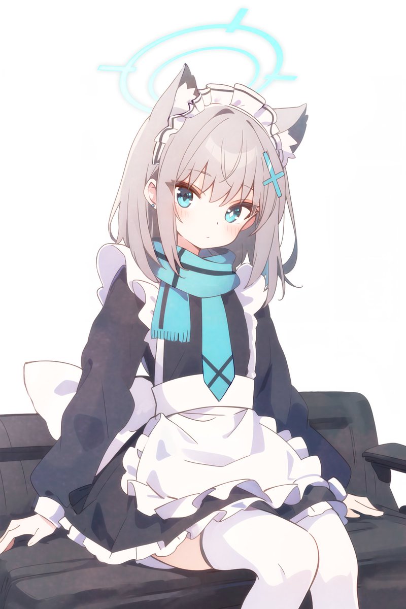 shiroko (blue archive) 1girl solo animal ears apron scarf blue scarf maid headdress  illustration images