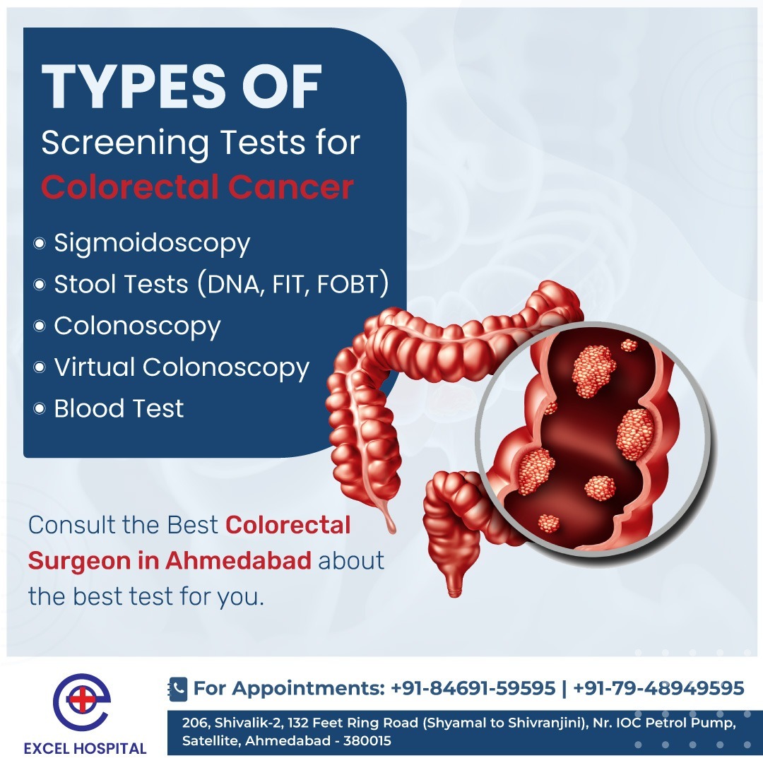 The different screening tests for Colorectal Cancer are sigmoidoscopy, Stool Tests (DNA, FIT, FOBT), Colonoscopy, Virtual Colonoscopy, and Blood Tests. 

#ExcelHospital #DrJoyAbraham #ColorectalCancerAwareness #ScreeningTests #EarlyDetection #HealthMatters #Colonoscopy