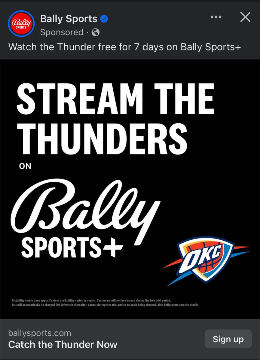 AH1744's tweet photo. This ad says everything I ever needed to know about Bally Sports. My lord. @BallySportsOK @okcthunder https://t.co/ce1xrah7Fm
