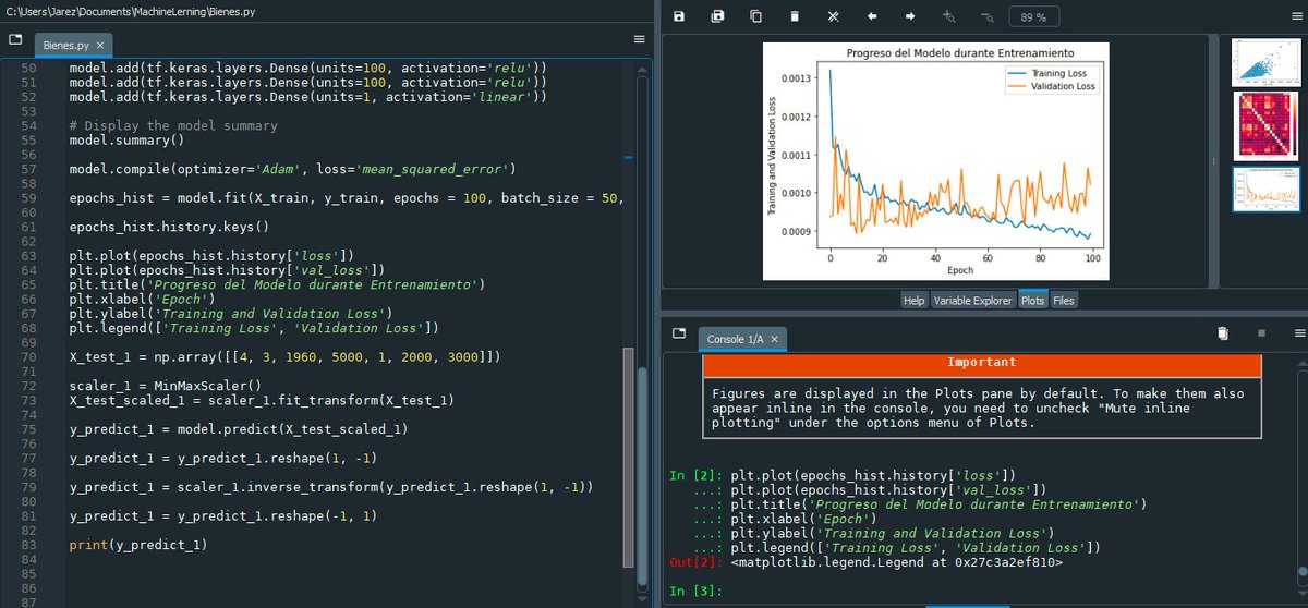 Jarez_Dev's tweet image. #100DaysOfCodepython #100DiasDeCodigo #pythoncode
En el día 68, implementé un modelo de predicción de precios de hogares en base a las habitaciones, patio, baños que tiene el hogar escale los datos y esta diseñada con 3 capas y para finalizar entrene el modelo 🥳🥳