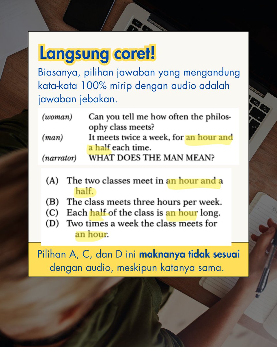 tutornomor1's tweet photo. "Ini dia cara cepat ngerjain TOEFL listening! Tag temen kamu yang pengen skor 600 itu 🤭
Mari latihan English bersama @tutornomor1!
Kunjungi Website kami untuk melihat program belajar yang kami tawarkan di
https://t.co/QJLYPoZmq7
#TOEFL #toeflpreparation #toeflstructure https://t.co/70qg5Ttasl