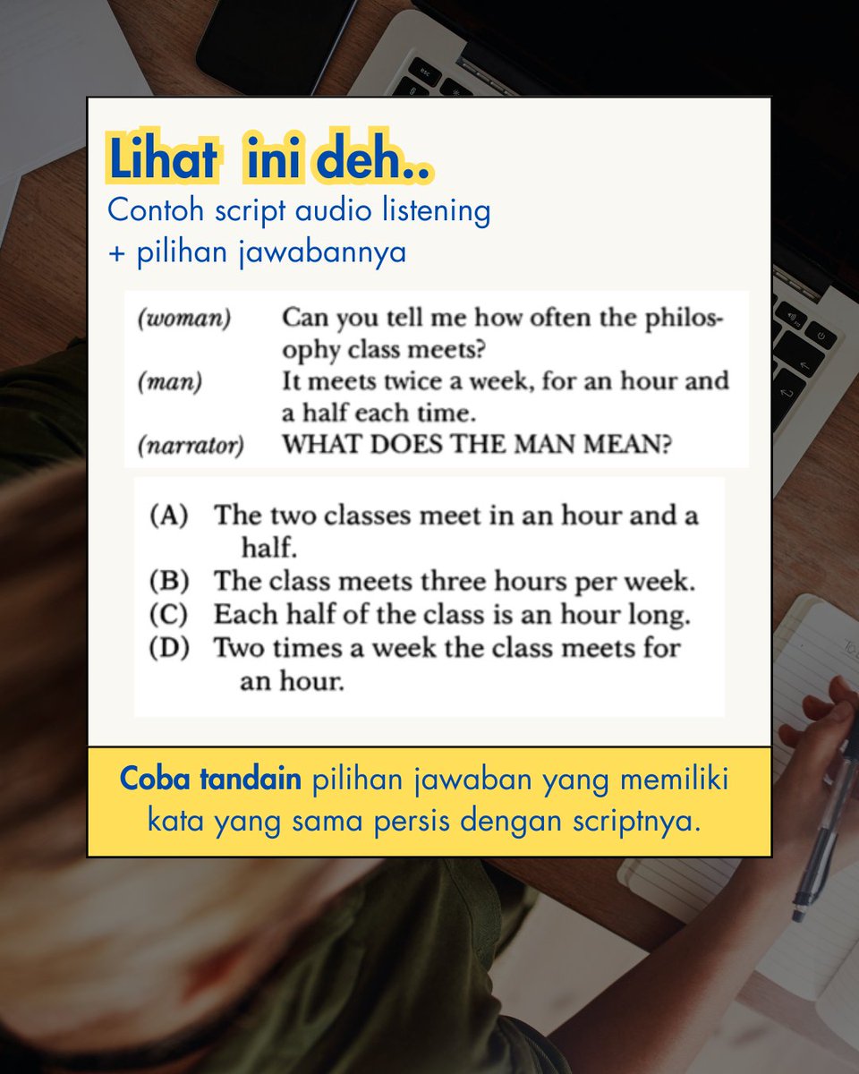 tutornomor1's tweet photo. "Ini dia cara cepat ngerjain TOEFL listening! Tag temen kamu yang pengen skor 600 itu 🤭
Mari latihan English bersama @tutornomor1!
Kunjungi Website kami untuk melihat program belajar yang kami tawarkan di
https://t.co/QJLYPoZmq7
#TOEFL #toeflpreparation #toeflstructure https://t.co/70qg5Ttasl