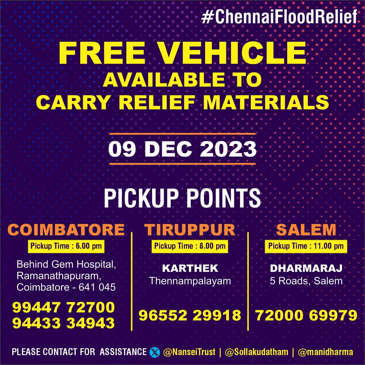 A vehicle to carry relief materials is arranged, Today evening, from Coimbatore Erode Tiruppur Salem to Chennai.

Anyone on the way or nearby places/towns/Salem district who wants to contribute materials please ping .<a href="/Sollakudatham/">சொல்லக்கூடாதாம் ⭐</a> or .@manidharma 📞 7200069979

The transport is