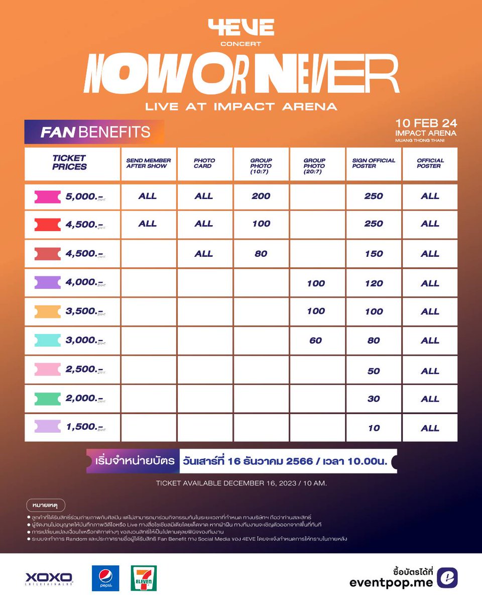 Seating Plan and Fan Benefits 4EVE Concert “ NOW OR NEVER “ Live at Impact Arena Reserve your favorite seat on 16 December 2023 at 10am onwards at eventpop.me 📅 February 10,2024 🎟️ Ticket Price : 1,500 - 5,000 Baht ( Physical Ticket all seat) 📍 Venue : Impact