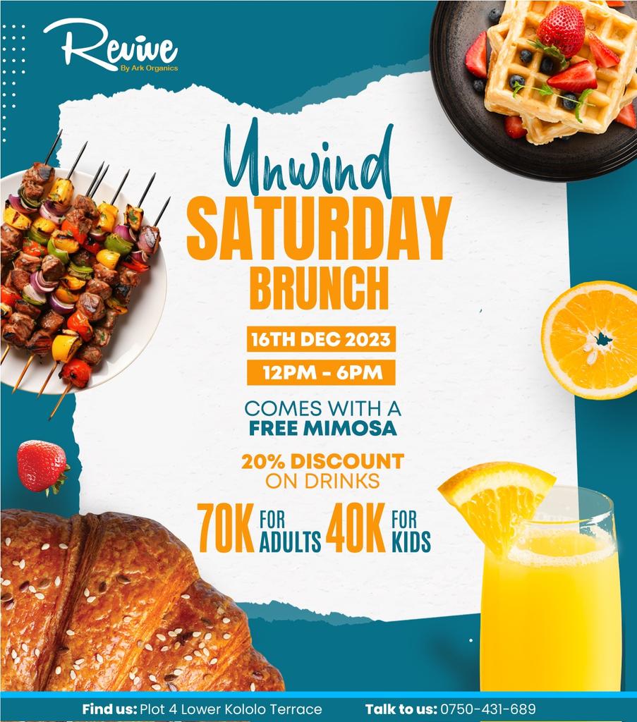 RevivebyArk's tweet image. Just a week left 🥂🍾🎊 Celebrate December's charm with a brunch like no other on Dec 16th! 🥞🌲✨A feast priced at 70k for adults and 40k for kids. 🍾🎄
For booking/inquiries ☎️0750431689
#revivebyark #WeekendUnwind #FoodieParadise #goodfoodgoodmood #CheersToTheWeekend