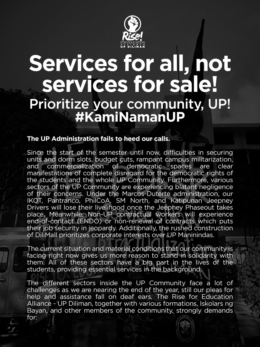 R4EDiliman's tweet photo. Services for All, Not Services for Sale! Prioritize your Community, UP! #KamiNamanUP

To the UP Community, rise and fight against negligence
and commercialization! Sign the petition now!
https://t.co/T5XZL3tHTa

#HelpTheHelpDesk
#StudentServicesNow
#NoToJeepneyPhaseout https://t.co/RYU91XXgbn