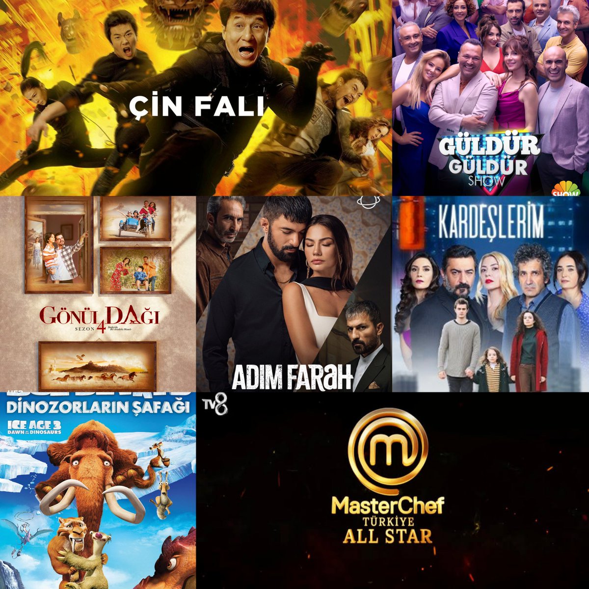 Dizilerinkrali's tweet photo. Bu ak��am yayın akışı 🍁💐
TRT 1: #GönülDağı
STAR TV: #ÇinFalı
SHOW TV: #GüldürGüldürShow
KANALD: #BuzDevri3
ATV: #Kardeşlerim
TV8: #MasterChefAllStar
FOX TV:#AdımFarah https://t.co/TVuXRrDCVV