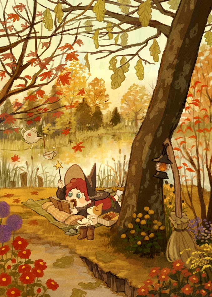 tree hat witch hat autumn leaves 1girl flower autumn  illustration images