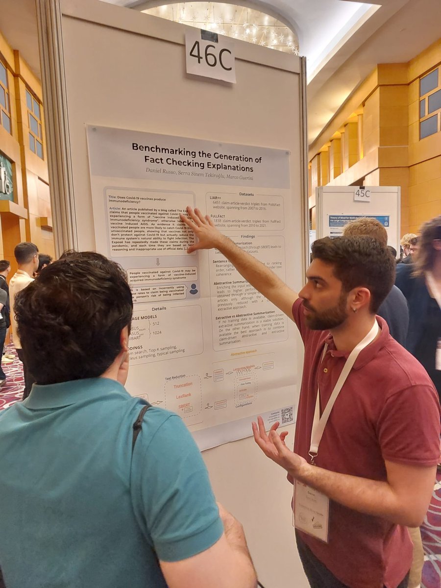 Kudos to @russ_eau who had to present two posters at #EMNLP2023 in the same day (due to Advisor being unable to join the conf.): - Countering Misinformation via Emotional Response Generation - Benchmarking the Generation of Fact Checking Explanations link to paper threads👇