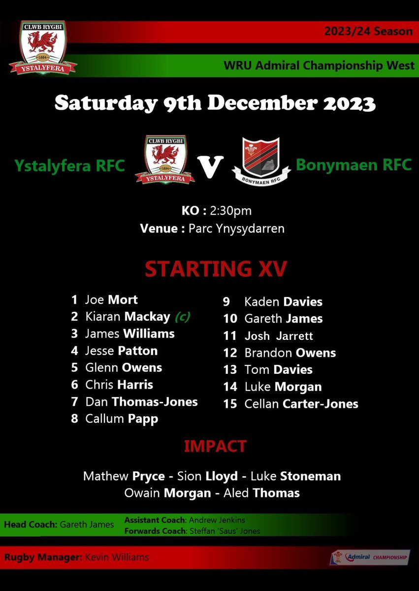 Todays Game is ON Team Announcement @ystalyferarfc V @Bonymaenrugby 🏆 @WRUChampionship West 🗓️ 9th December 2023 🕝 KO 2:30pm 📍 Parc Ynysydarren, SA9 2ER 🎤Live Music 7pm-9pm 🎅🏻 Christmas Jumpers @AllWalesSport