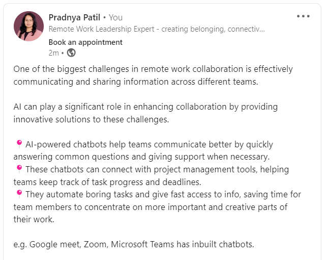 Pradnya98964532's tweet photo. AI can play a significant role in enhancing remote work collaboration by providing innovative solutions.

#remotework #remoteleadership #remoteworkleadership 
#fow #futureofwork #flexibleworking 
#leadership #distributedwork #AI #teamcollaboration #collaboration https://t.co/wV76HH60qB