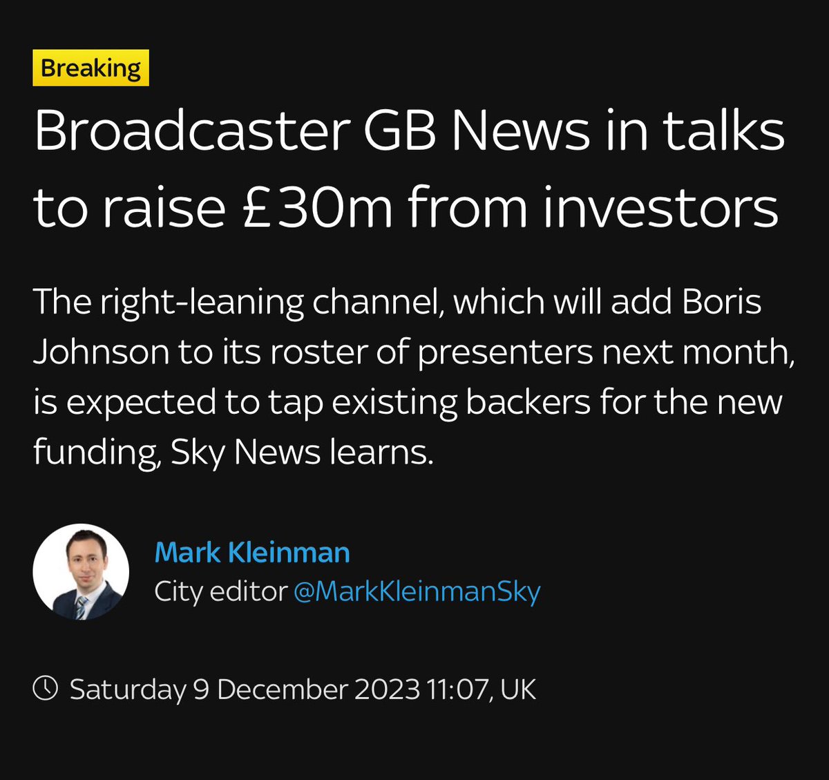 GBNewsSpin's tweet photo. Sky’s Mark Kleinman reporting GB News are in talks with existing investors to raise £30m, or in other words enough to cover a year’s losses.

It’s very telling how this emerges after Paul Marshall’s bid to buy The Telegraph failed.

Are GB News simply a means to an end? https://t.co/7VFoVE8Wcd