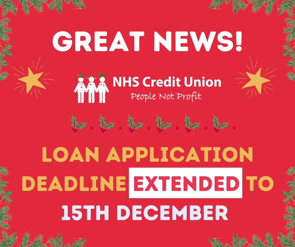 NHSCreditUnion's tweet photo. Due to popular demand, the deadline for members of the NHS credit Union to apply for Christmas loans has been extended to the 15th of December.

Click here to apply for a loan: https://t.co/4RIiFgZ9hT

#Christmas #Loans #NHSCU #NHSCreditUnion #XMAS #Finance #CreditUnion #NHS https://t.co/QufWq1rdc0
