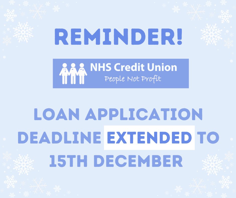 REMINDER!

Due to popular demand, the deadline for members of the NHS credit Union to apply for Christmas loans has been extended to the 15th of December.

Click here to apply for a loan: nhscreditunion.com/loans/

#Christmas #Loans #NHSCreditUnion  #XMAS #Finance #CreditUnion #NHS