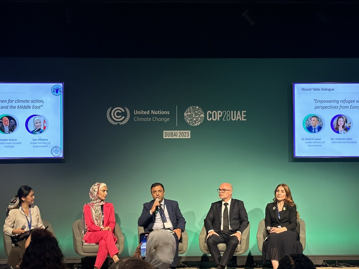 Emphasising the global initiative launched by His Majesty <a href="/KingAbdullahII/">عبدالله بن الحسين</a> at <a href="/COP27P/">COP27</a> Climate/Refugee Nexus Initiative

Happening now: <a href="/MoENVJo/">وزارة البيئة الأردنية</a> with <a href="/gggi_hq/">GGGI</a> and <a href="/SeekFeminist/">SEEK Feminist Research to Response Network</a> together at <a href="/COP28_UAE/">COP28 UAE</a> discussing the necessity of empowering refugee women for climate resilience