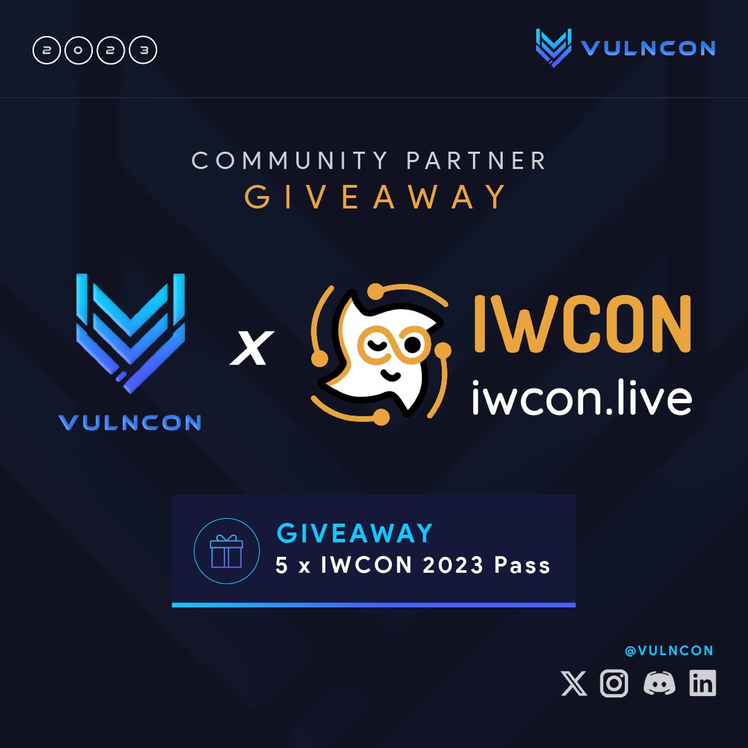 vulncon's tweet photo. 🚀 Exclusive Partnership Alert! 🌟

🎉 Win 5 Passes to IWCON 2023!

🔥 Get ready for the tech event of the year with a special collaboration between @IWcon_ and @vulncon! 🌐✨

📢 Here's your chance to WIN 5 passes to IWCON 2023!
(1/n) https://t.co/ovFP4pMQet