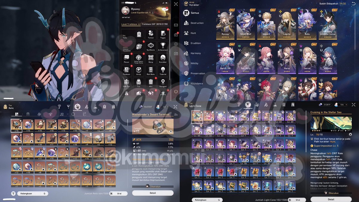 kiimomyi's tweet photo. ୨୧ WTS AKUN HSR ୨୧ 
 
ENDGAME ─ LT 61 ASIA
✩ ALL UNSET
✩ MC Stelle
✩ Price : 200K, avail nego
✩ B5 : Silver Wolf, Gepard E1, Luocha, Bailu E1, Danheng IL
✩ No Minus
✩ Well build
✩ Rate on pity 66 https://t.co/xT83zsdYGK