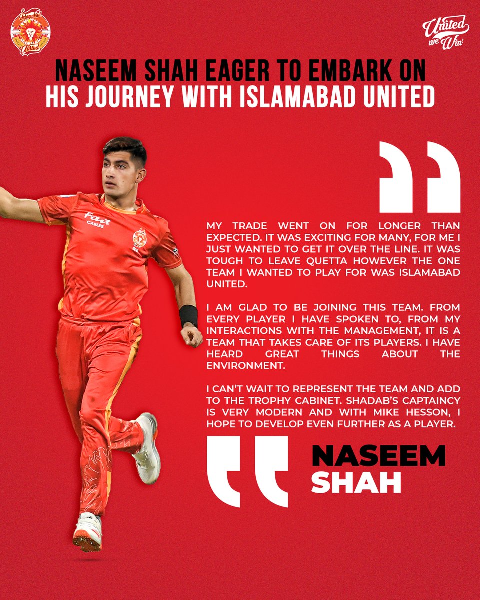 'After a suspenseful trade, I'm thrilled to be part of #ISLU,' says @iNaseemShah. 'Leaving Quetta was hard, but Islamabad is where I wanted to be. I'm excited about the nurturing environment, @76Shadabkhan's leadership, and the prospect of growing under @CoachHesson. Can't wait…
