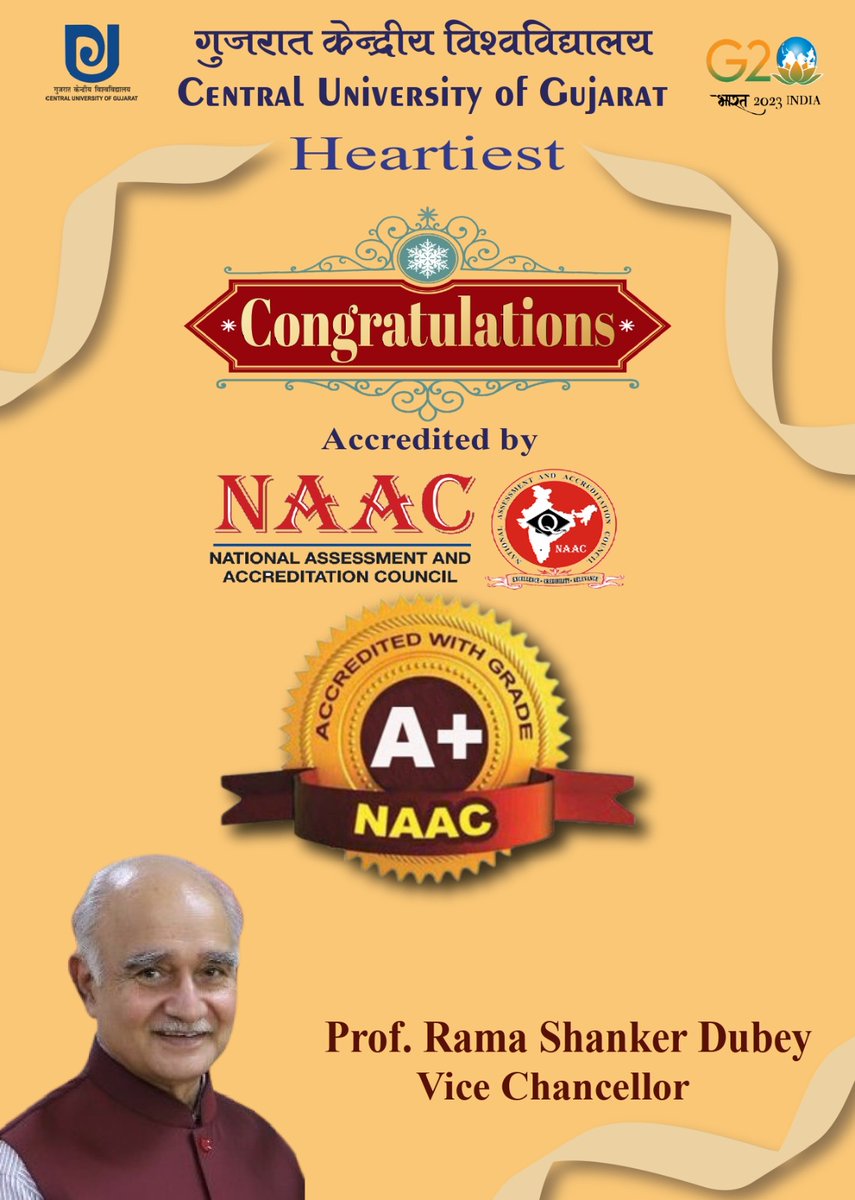 PROCUG1's tweet photo. Exciting News!🗞️
We're thrilled to announce that the Central University of Gujarat has achieved NAAC A+ Accreditation, a testament to our commitment to excellence in education.

#CUG #NAAC #UGC https://t.co/9x4F6r7z2x