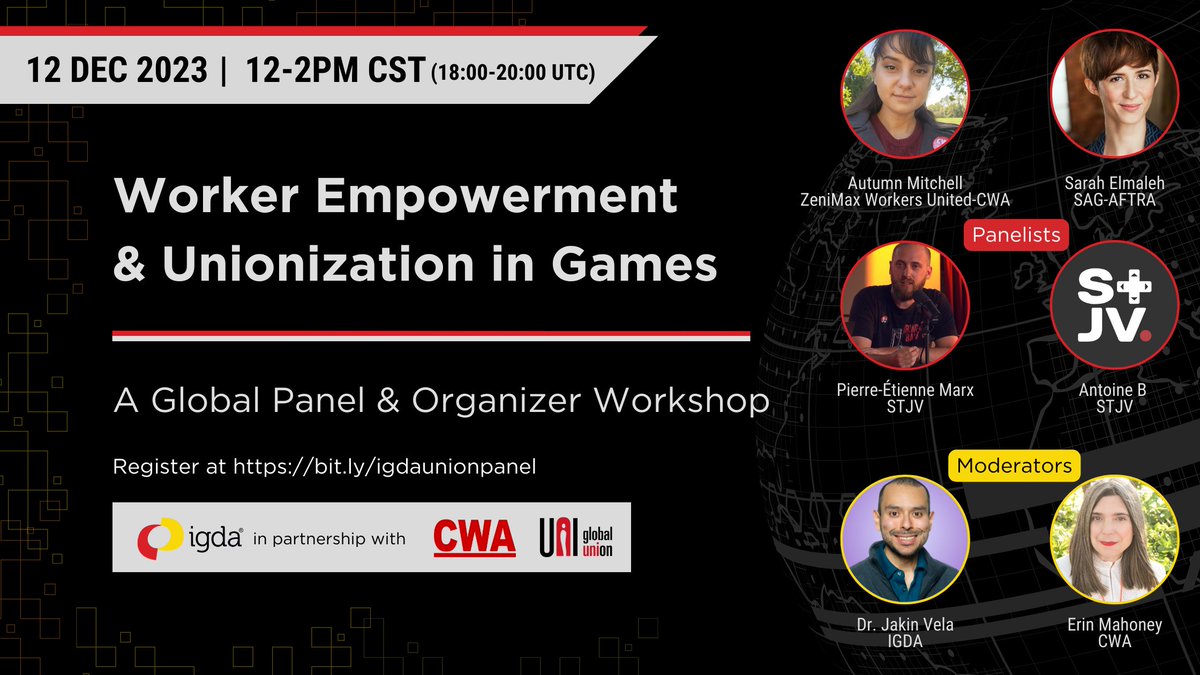 On Dec 12, join CWAers & friends for a panel about worker organizing in the games industry around the world. You'll hear from @ZeniMaxWorkers and learn about forming a union and the importance of worker solidarity! RSVP: streamyard.com/watch/J3vMGqC2…