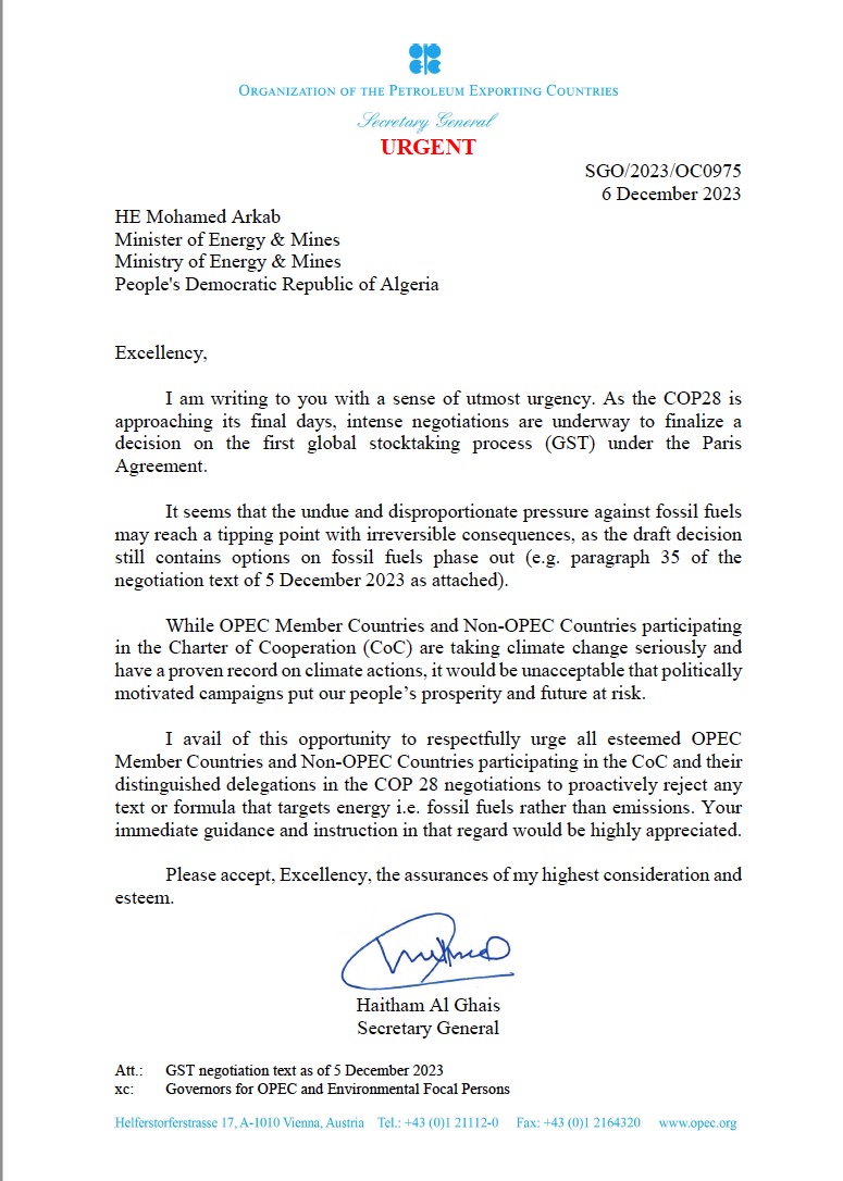 #cop28 - in case you haven't seen the panicky letters send by #Opec over the proposed fossil fuel phase out, here's an example

my full report from Friday here:
x.com/dpcarrington/s…