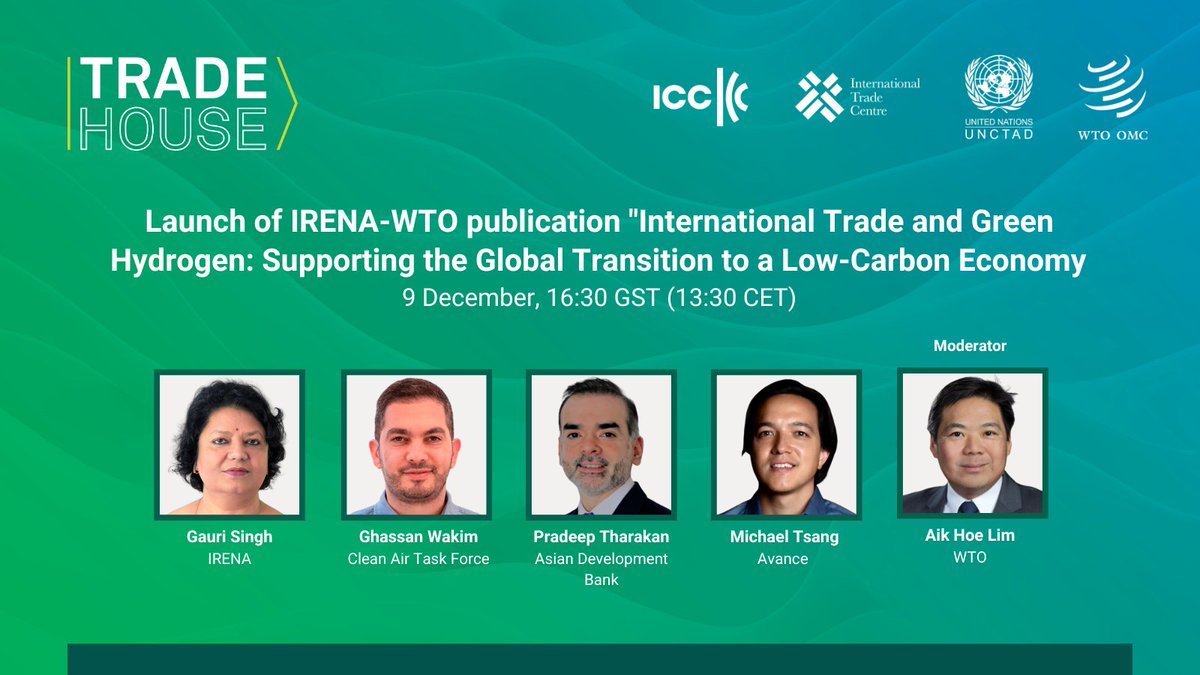 Happening soon: Green hydrogen is recognised as a key pillar in the energy transition to replace fossil fuels. Learn more from the new IRENA-WTO joint publication being launched at #TradeHouseCOP28. Livestream: bit.ly/486u2Zi