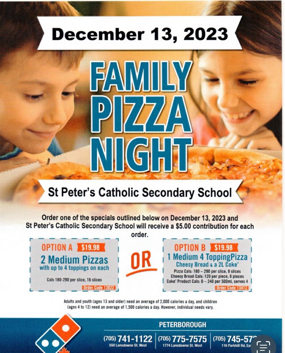 StPeterCSS's tweet photo. Save the date!  Thank you to our Catholic School Parent Council for coordinating our pizza fundraiser.  It is a busy time of year and a great time to order pizza for lunch or dinner with the proceeds going to support students at SPCSS @PVNCCDSB #BeingCommmunity https://t.co/MqaDrwwuPD