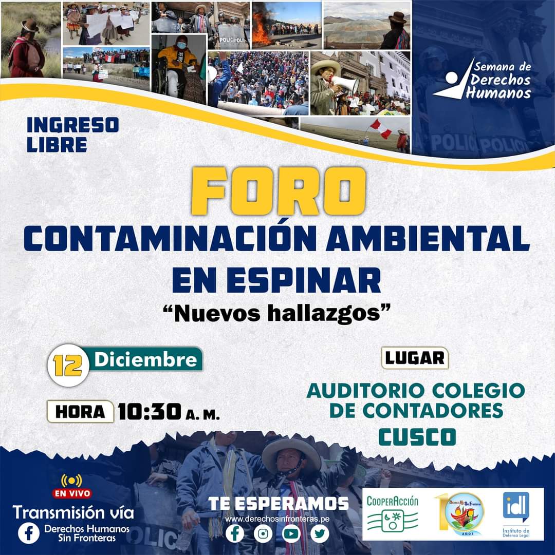 dhsfcusco's tweet photo. #Cusco Hacemos la invitación al público en general a participar del FORO: CONTAMINACIÓN AMBIENTAL EN ESPINAR Nuevos Hallazgos dónde discutiremos informe de Evaluación Ambiental de Causalidad de #OEFA sobre los efectos y/o impactos de la #actividadminera en Espinar - Cusco. https://t.co/Ol4krLA6GJ