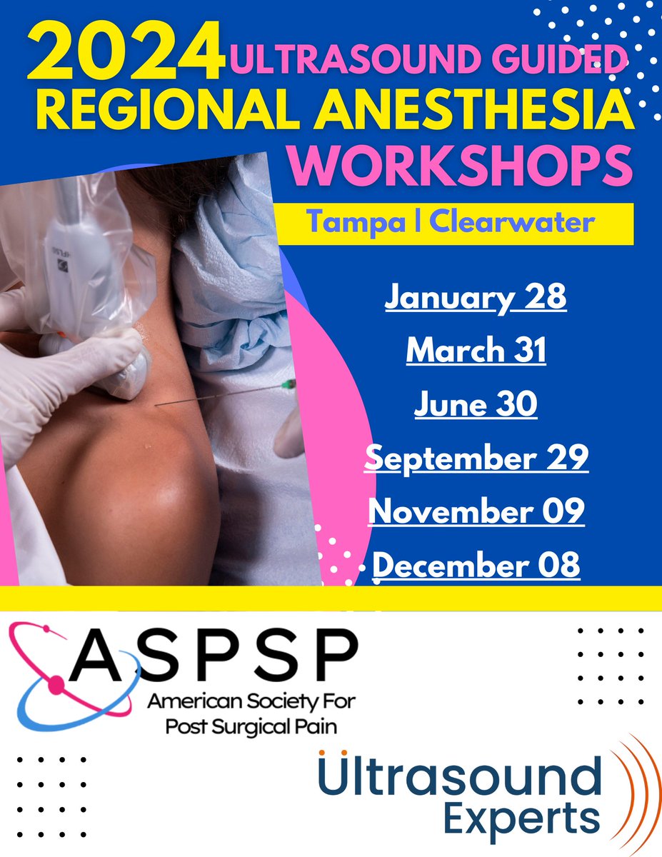 Just Announced 📣!!. SIX 6️⃣ ultrasound regional 💉 anesthesia workshops to chose from in 2024. Very proud of our team at @UltrasoundExpe1 & @ASPSP_Pain 😊 As always early registration saves $😍 Learn More👉ultrasoundexperts.org/group-coursesi… Join➡️ postsurgicalpain.org #MedTwitter