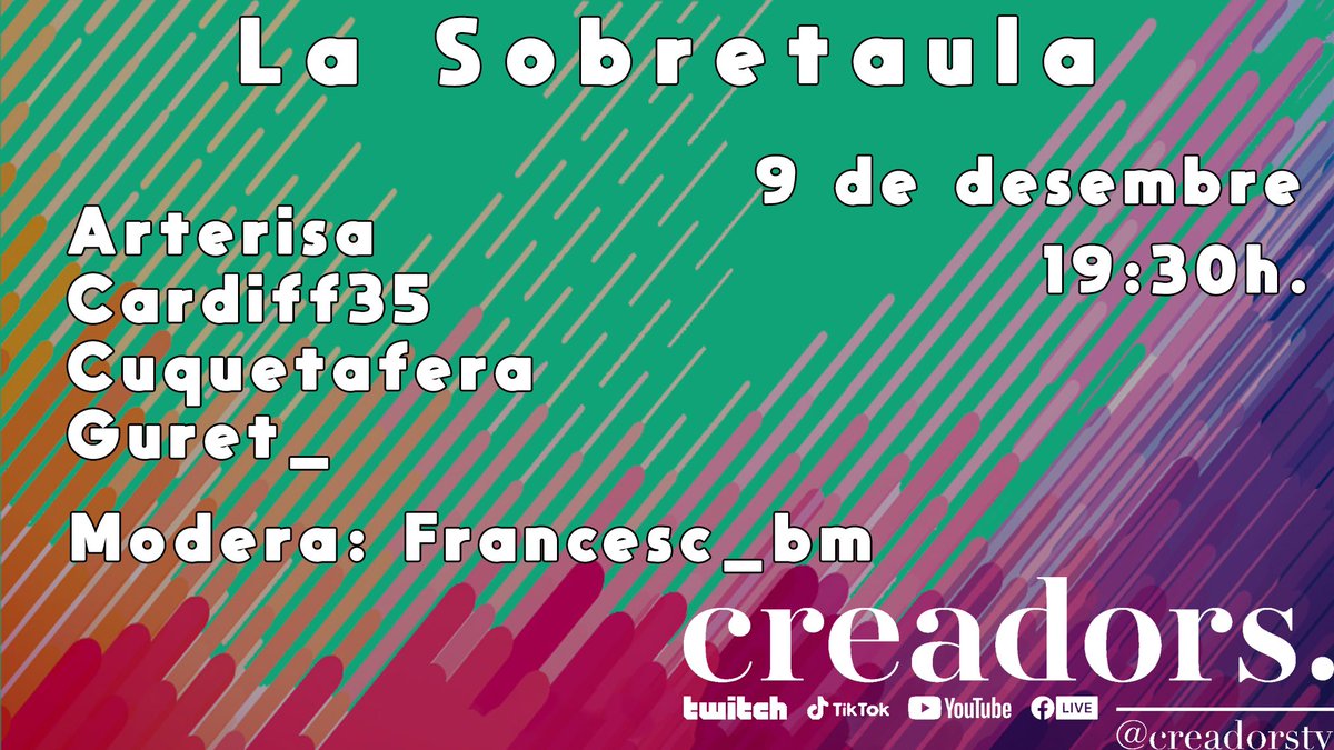 ✨LA SOBRETAULA✨

👍 Tornem aquesta tarda per xalar de valent amb: <a href="/Arterisaa/">Arterisa</a> <a href="/Orislaff1/">Orislaff</a> <a href="/cuquetafera/">Marina</a> i <a href="/Guret_/">Guerau_🤘🌚🎮</a>  ‼️

🎙️ Modera: <a href="/FrancisBeltranM/">Francesc Beltran</a> 

🗓️ Avui a les 19:30

👉 A twitch.tv/creadorstv