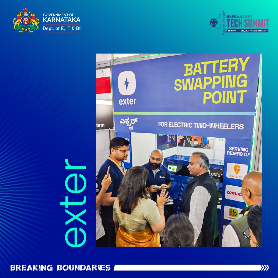 ITBTGoK's tweet photo. 🚀 @blrtechsummit  Spotlight: Exter's revolutionary battery swapping for EVs! Quick, convenient, and a step towards sustainable travel. Proud to support such innovations that drive the Green future . #ElectricVehicles #SustainableTransport #TechInnovation 🌿🛵💡 https://t.co/Yo00iZaM06