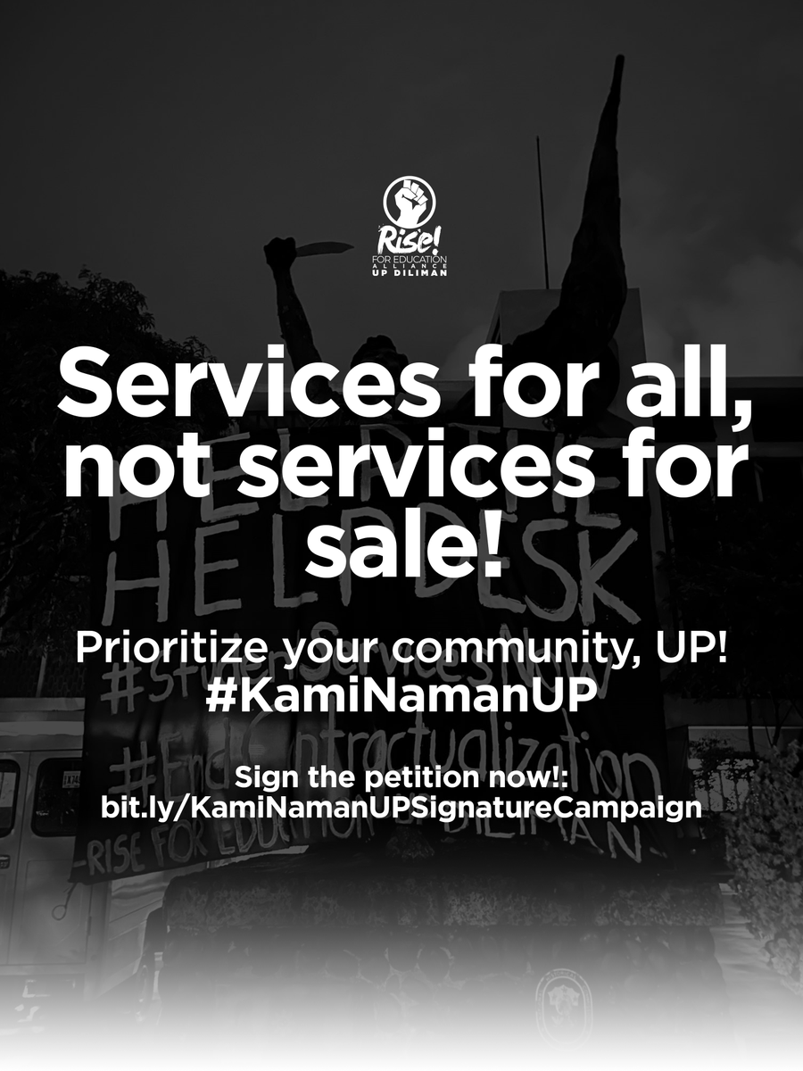 R4EDiliman's tweet photo. Services for All, Not Services for Sale! Prioritize your Community, UP! #KamiNamanUP

To the UP Community, rise and fight against negligence
and commercialization! Sign the petition now!
https://t.co/T5XZL3tHTa

#HelpTheHelpDesk
#StudentServicesNow
#NoToJeepneyPhaseout https://t.co/RYU91XXgbn