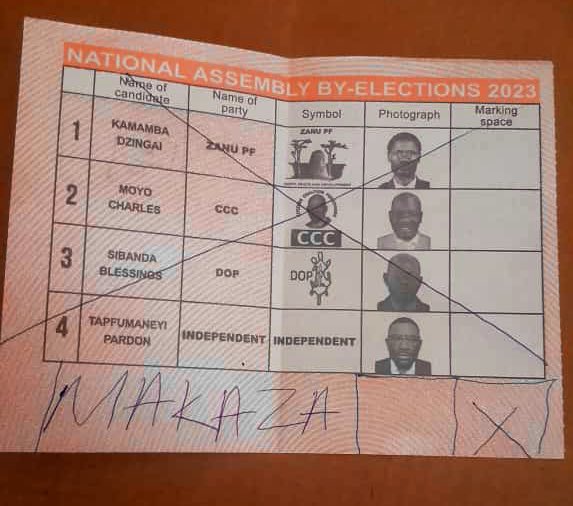 zimlive's tweet photo. PROTEST: A voter in Mpopoma-Mzilikazi by-election spoiled their ballot paper by adding name of Desmond Makaza, the CCC (Chamisa) candidate who was barred from running by a court. He had won the seat in August before his recall. Taking pictures in voting booth is illegal https://t.co/M3LuokWNxt
