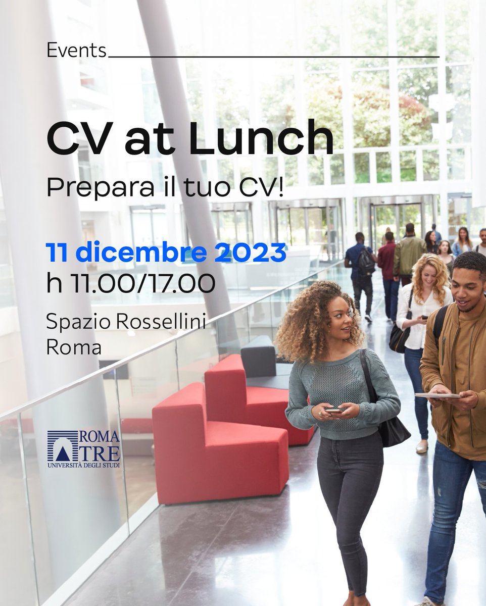 On December the 11th our #talentacquisition team will be attending #CVATLUNCH, the event organised by the Department of Engineering of the University of #RomaTre to promote the meeting between companies and #graduates.

Register now 👉 shorturl.at/ijmqN