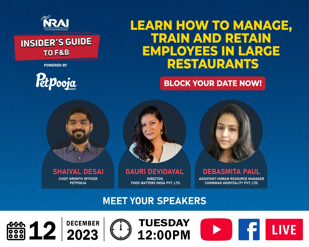 Join NRAI for our upcoming event, 'Learn how to manage, train, and retain employees in large restaurants', powered by Petpooja. On 12th Dec, 2023, starting at 12 PM. To mark your attendance, visit: YouTube: youtube.com/watch?v=B5Z0_A… Facebook:facebook.com/events/2623072…